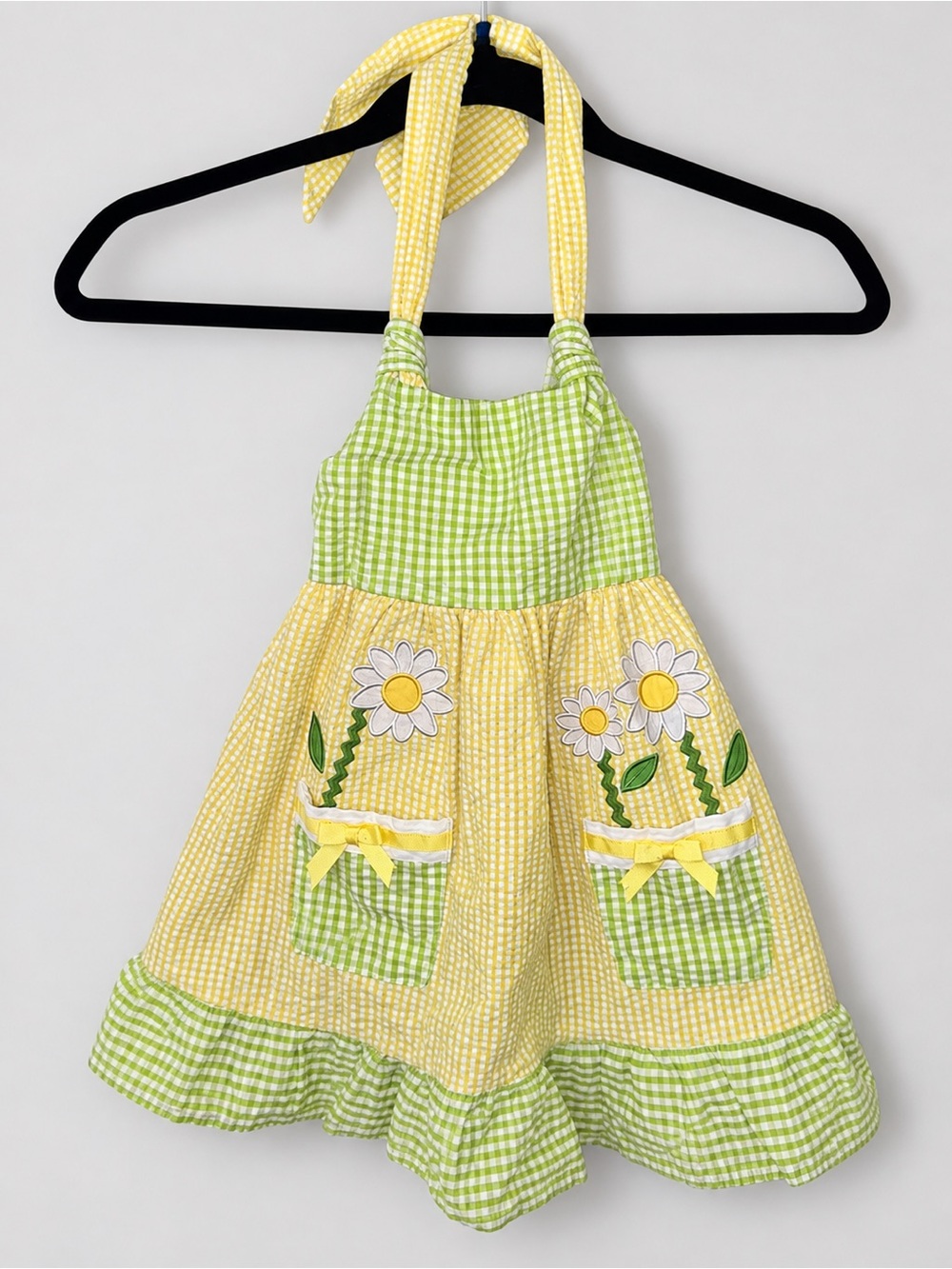 Blueberi Boulevard Girls 2T Yellow Green Gingham Daisy Halter Dress Floral